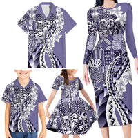 Aloha Vintage Plumeria Hawaiian Tapa Pattern Family Matching Long Sleeve Bodycon Dress and Hawaiian Shirt Purple Hawaiian Tapa Pattern - Polynesian Pride