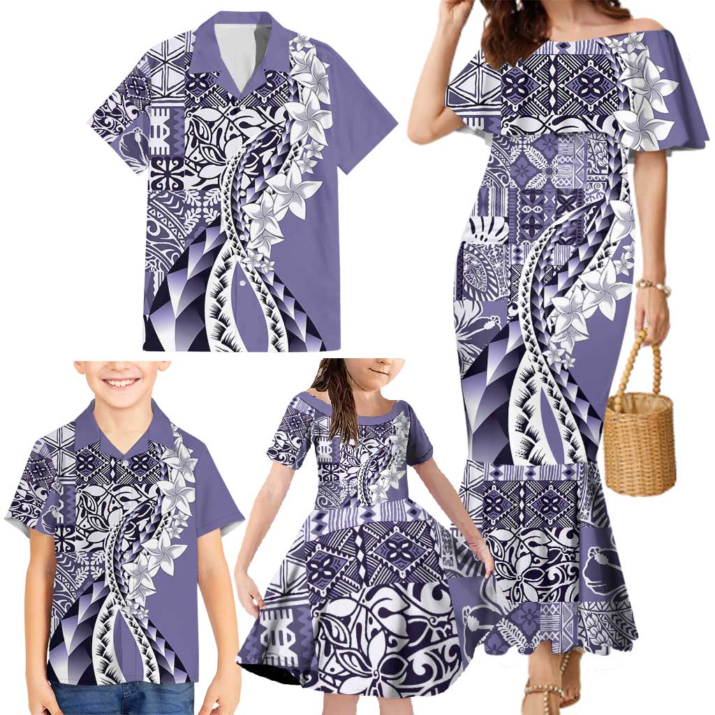 Aloha Vintage Plumeria Hawaiian Tapa Pattern Family Matching Mermaid Dress and Hawaiian Shirt Purple Hawaiian Tapa Pattern - Polynesian Pride