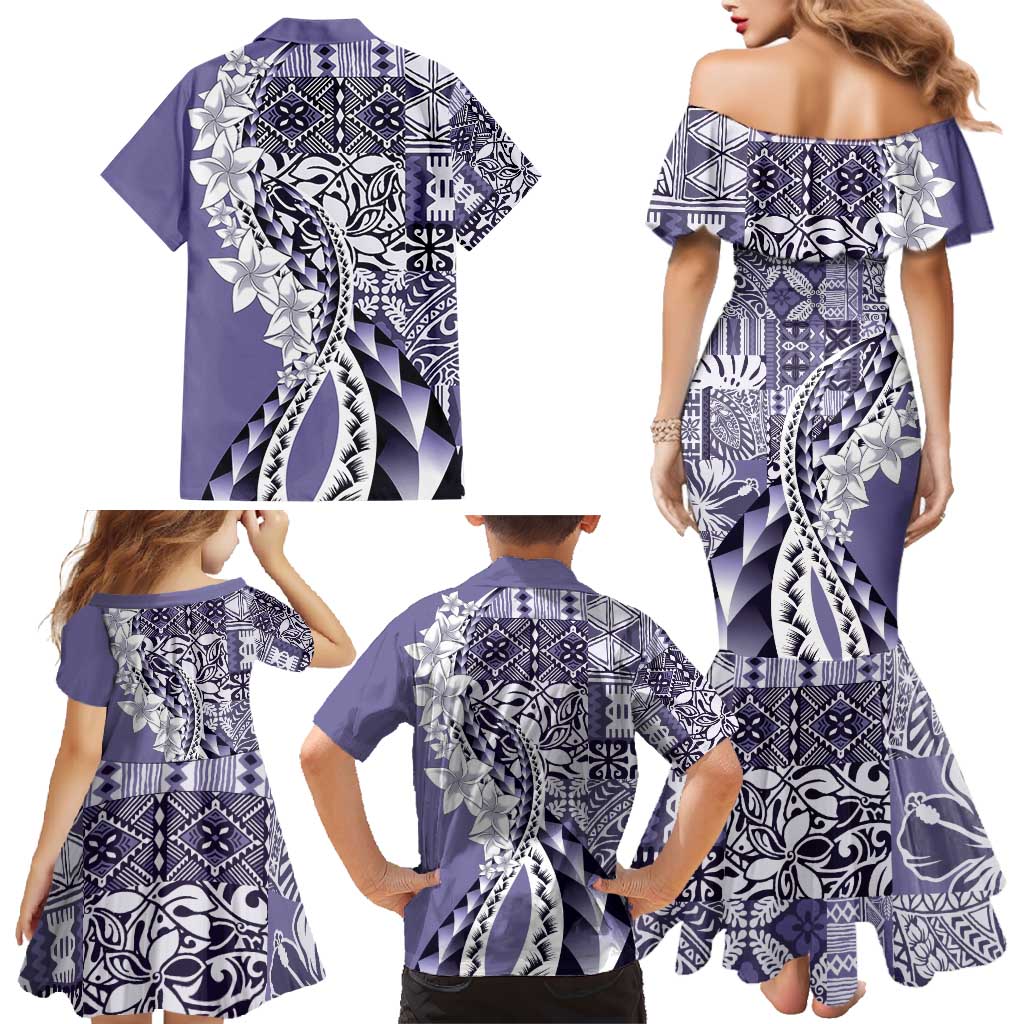 Aloha Vintage Plumeria Hawaiian Tapa Pattern Family Matching Mermaid Dress and Hawaiian Shirt Purple Hawaiian Tapa Pattern - Polynesian Pride