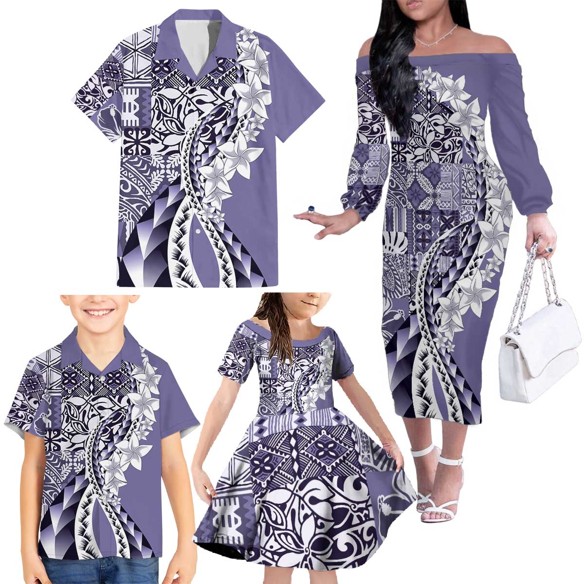 Aloha Vintage Plumeria Hawaiian Tapa Pattern Family Matching Off The Shoulder Long Sleeve Dress and Hawaiian Shirt Purple Hawaiian Tapa Pattern - Polynesian Pride