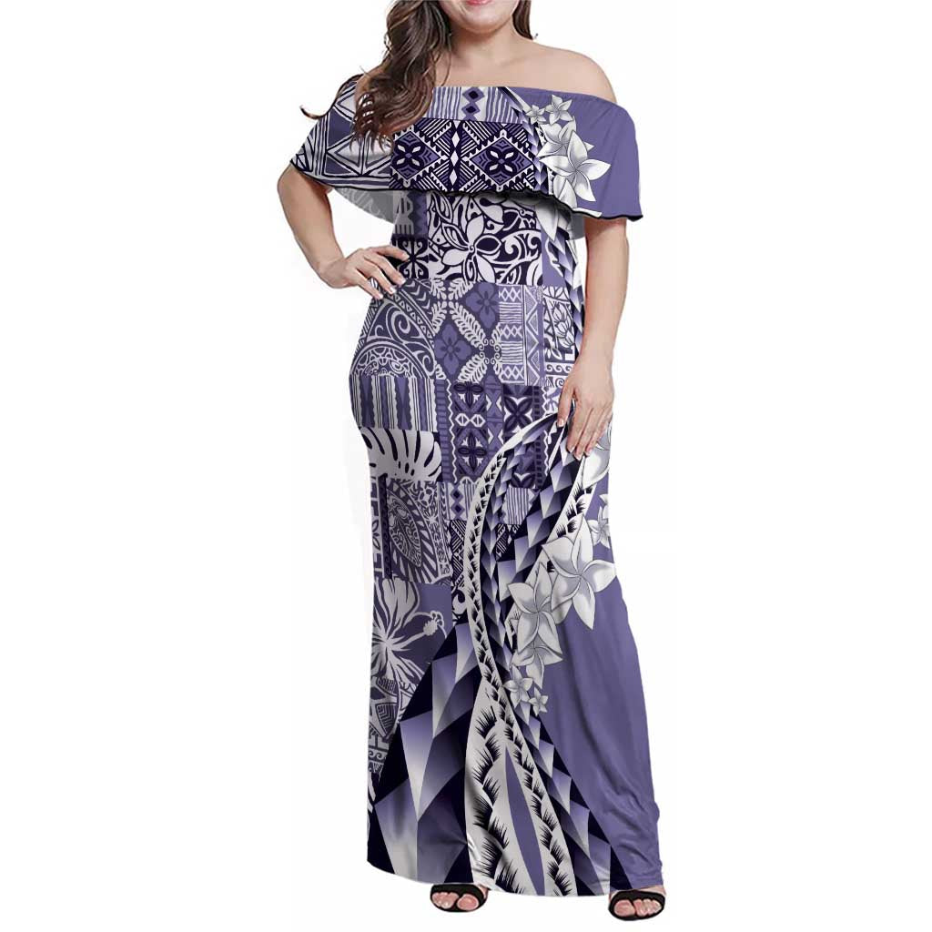 Aloha Vintage Plumeria Hawaiian Tapa Pattern Family Matching Off Shoulder Maxi Dress and Hawaiian Shirt Purple Hawaiian Tapa Pattern - Polynesian Pride