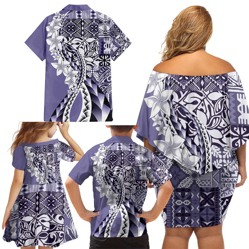 Aloha Vintage Plumeria Hawaiian Tapa Pattern Family Matching Off Shoulder Short Dress and Hawaiian Shirt Purple Hawaiian Tapa Pattern - Polynesian Pride