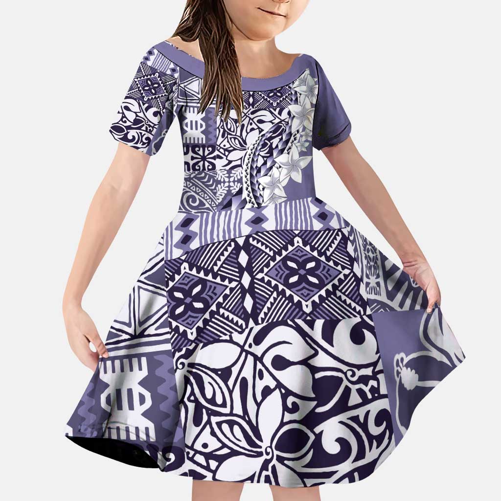 Aloha Vintage Plumeria Hawaiian Tapa Pattern Family Matching Puletasi and Hawaiian Shirt Purple Hawaiian Tapa Pattern LT9 Daughter's Dress Purple - Polynesian Pride