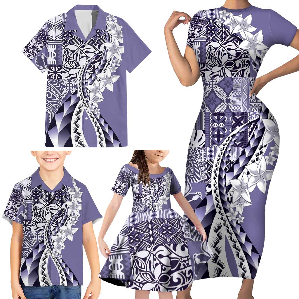 Aloha Vintage Plumeria Hawaiian Tapa Pattern Family Matching Short Sleeve Bodycon Dress and Hawaiian Shirt Purple Hawaiian Tapa Pattern - Polynesian Pride