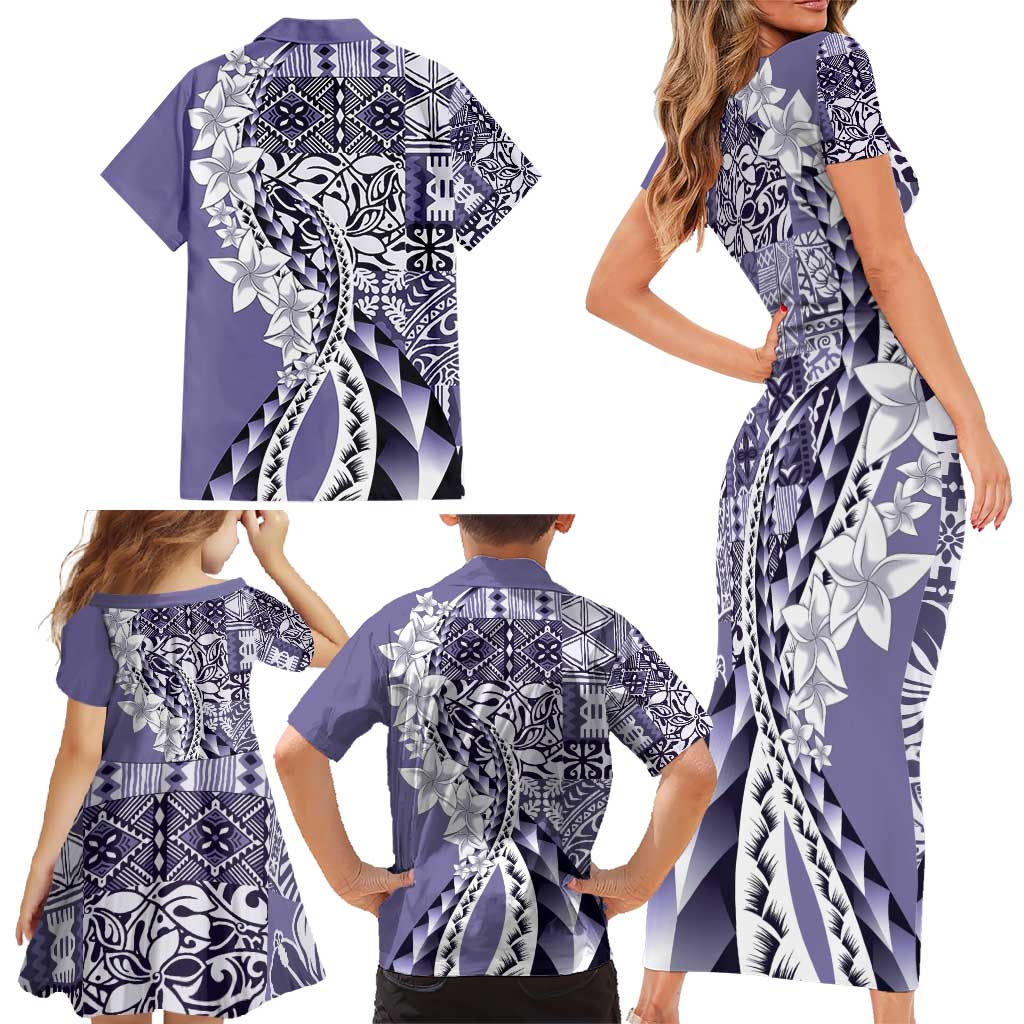 Aloha Vintage Plumeria Hawaiian Tapa Pattern Family Matching Short Sleeve Bodycon Dress and Hawaiian Shirt Purple Hawaiian Tapa Pattern - Polynesian Pride