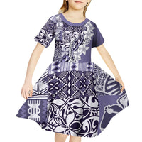 Aloha Vintage Plumeria Hawaiian Tapa Pattern Kid Short Sleeve Dress Purple Hawaiian Tapa Pattern - Polynesian Pride