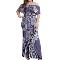 Aloha Vintage Plumeria Hawaiian Tapa Pattern Off Shoulder Maxi Dress Purple Hawaiian Tapa Pattern - Polynesian Pride