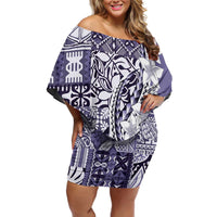 Aloha Vintage Plumeria Hawaiian Tapa Pattern Off Shoulder Short Dress Purple Hawaiian Tapa Pattern - Polynesian Pride