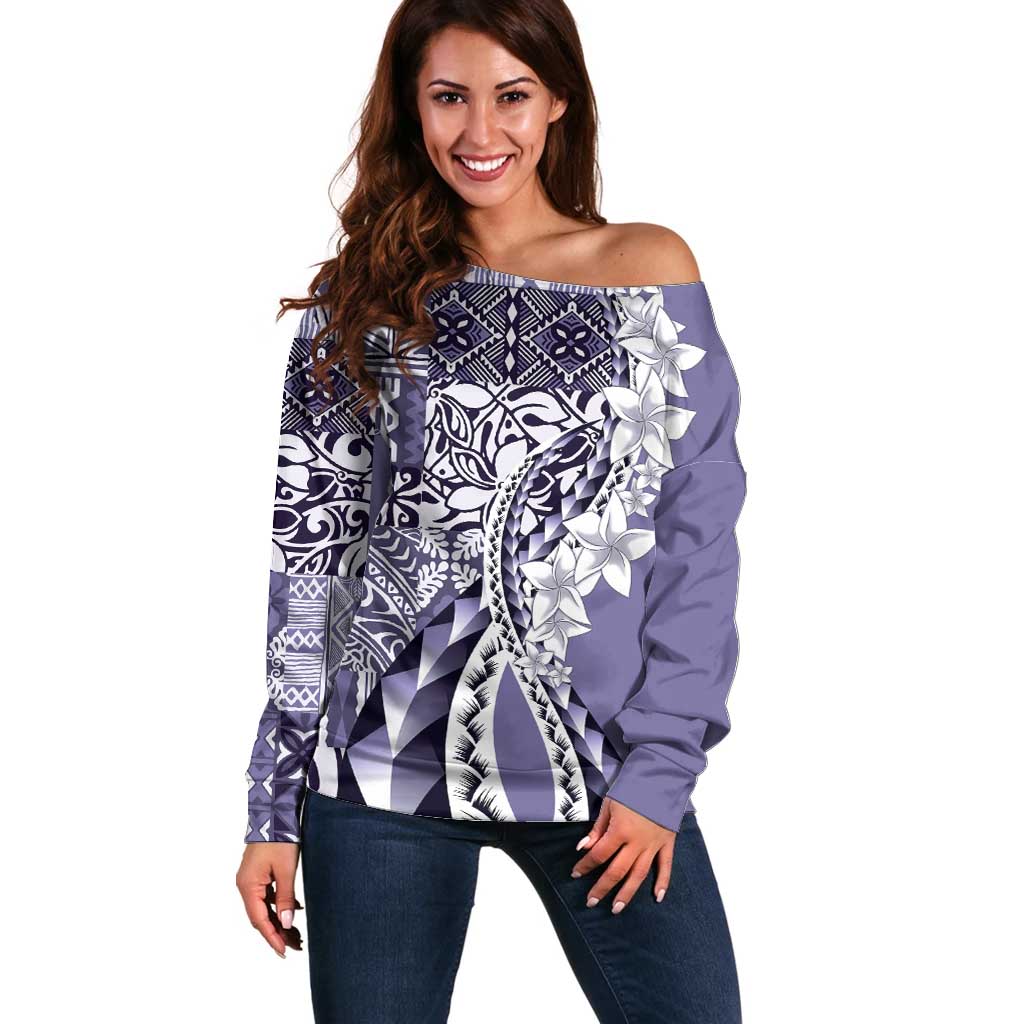 Aloha Vintage Plumeria Hawaiian Tapa Pattern Off Shoulder Sweater Purple Hawaiian Tapa Pattern - Polynesian Pride