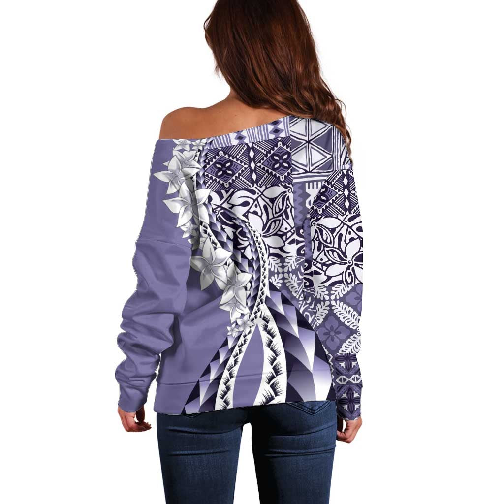 Aloha Vintage Plumeria Hawaiian Tapa Pattern Off Shoulder Sweater Purple Hawaiian Tapa Pattern - Polynesian Pride