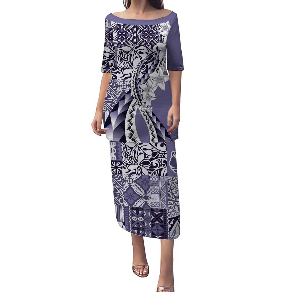 Aloha Vintage Plumeria Hawaiian Tapa Pattern Puletasi Purple Hawaiian Tapa Pattern LT9 Long Dress Purple - Polynesian Pride