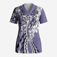 Aloha Vintage Plumeria Hawaiian Tapa Pattern Scrub Top Purple Hawaiian Tapa Pattern - Polynesian Pride