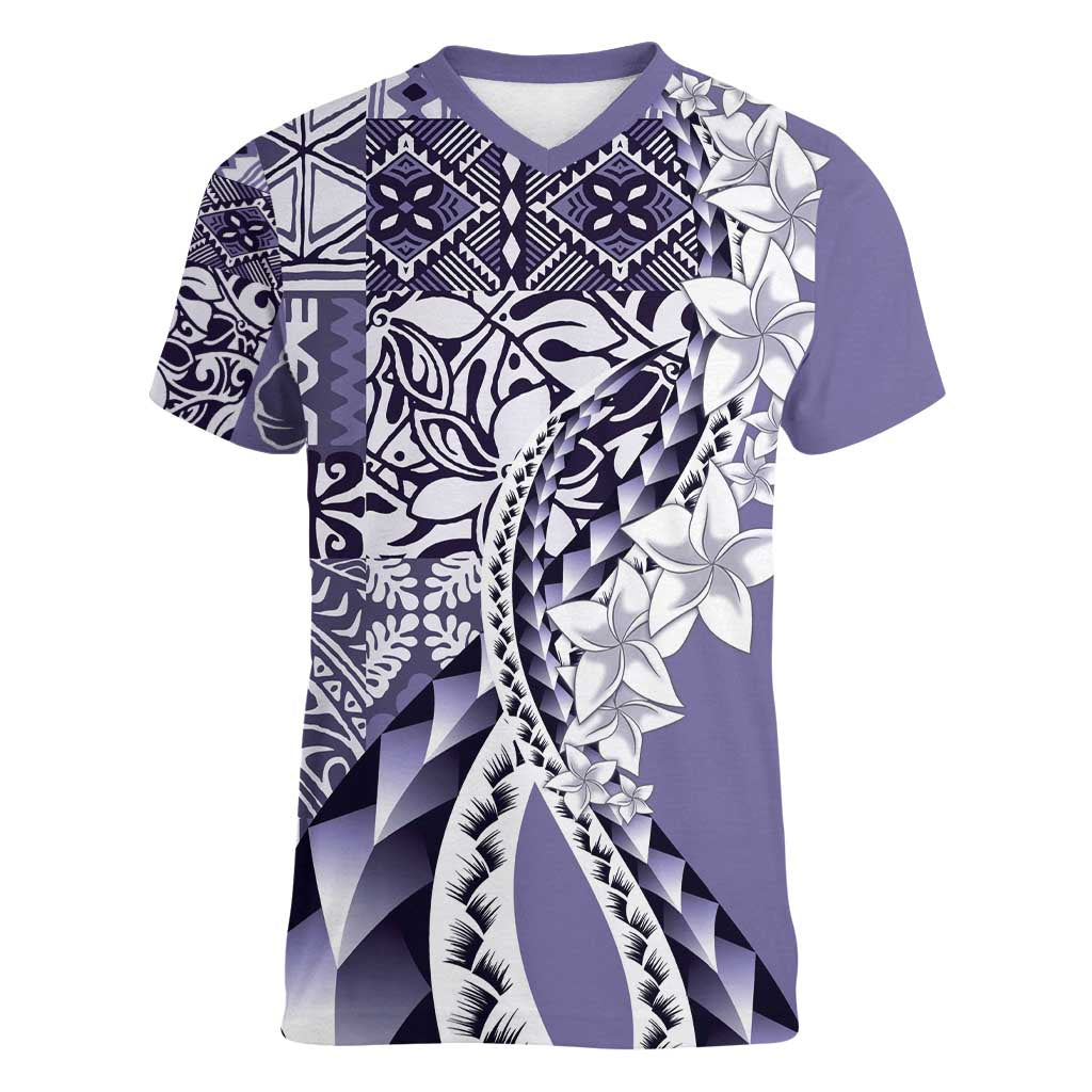 Aloha Vintage Plumeria Hawaiian Tapa Pattern Women V-Neck T-Shirt Purple Hawaiian Tapa Pattern - Polynesian Pride