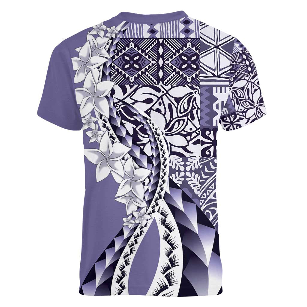 Aloha Vintage Plumeria Hawaiian Tapa Pattern Women V-Neck T-Shirt Purple Hawaiian Tapa Pattern - Polynesian Pride