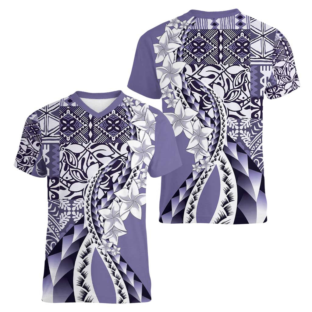 Aloha Vintage Plumeria Hawaiian Tapa Pattern Women V-Neck T-Shirt Purple Hawaiian Tapa Pattern - Polynesian Pride