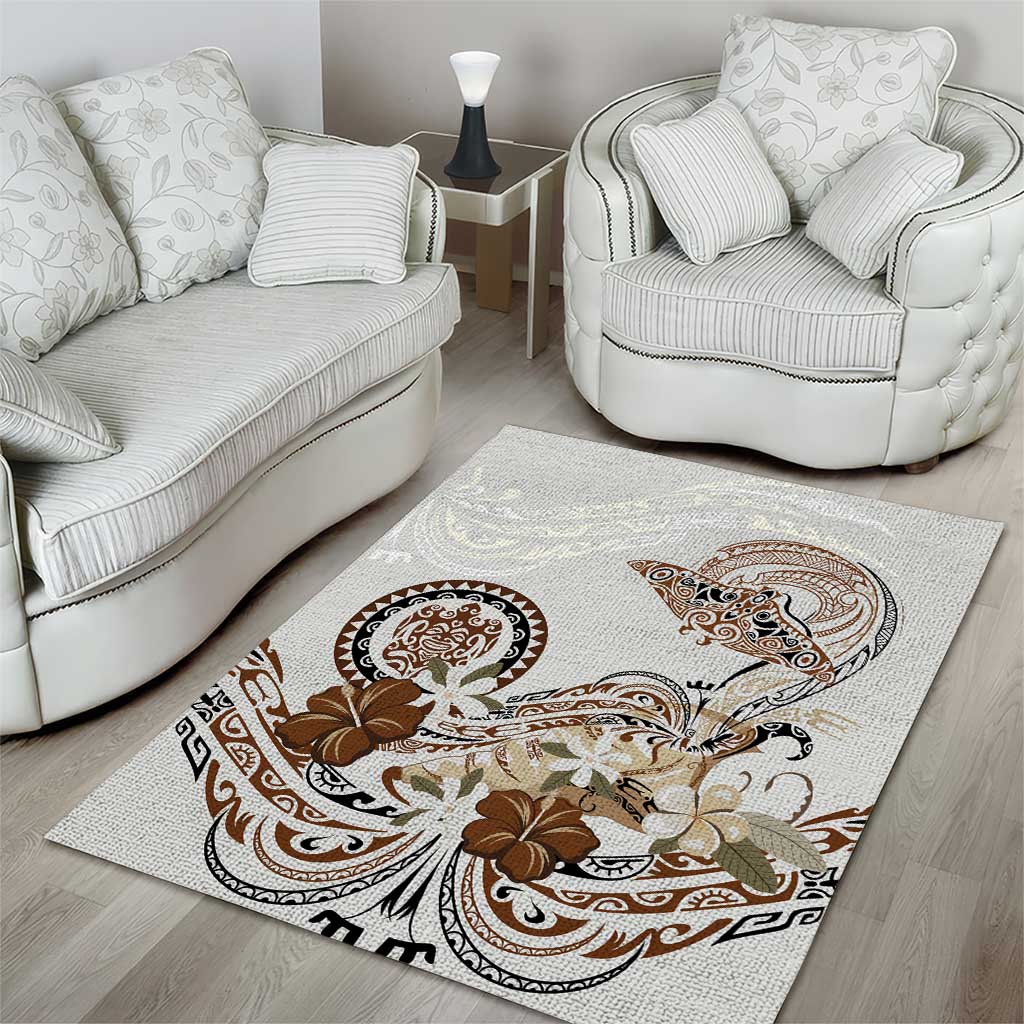 Polynesian Manta Ray Area Rug Beige Floral Turtle Tattoo - Polynesian Pride