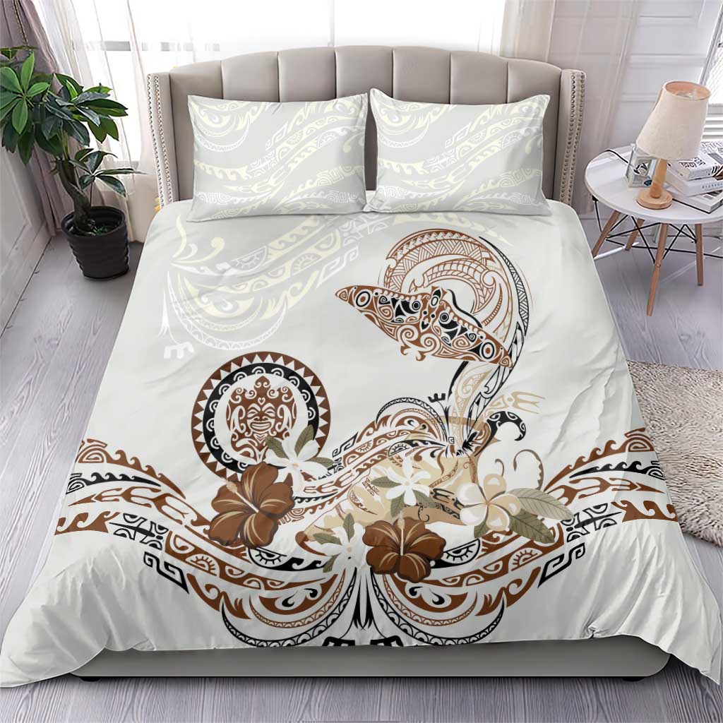 Polynesian Manta Ray Bedding Set Beige Floral Turtle Tattoo - Polynesian Pride