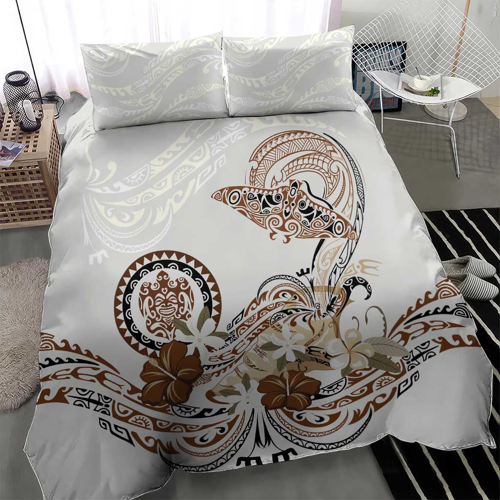 Polynesian Manta Ray Bedding Set Beige Floral Turtle Tattoo - Polynesian Pride