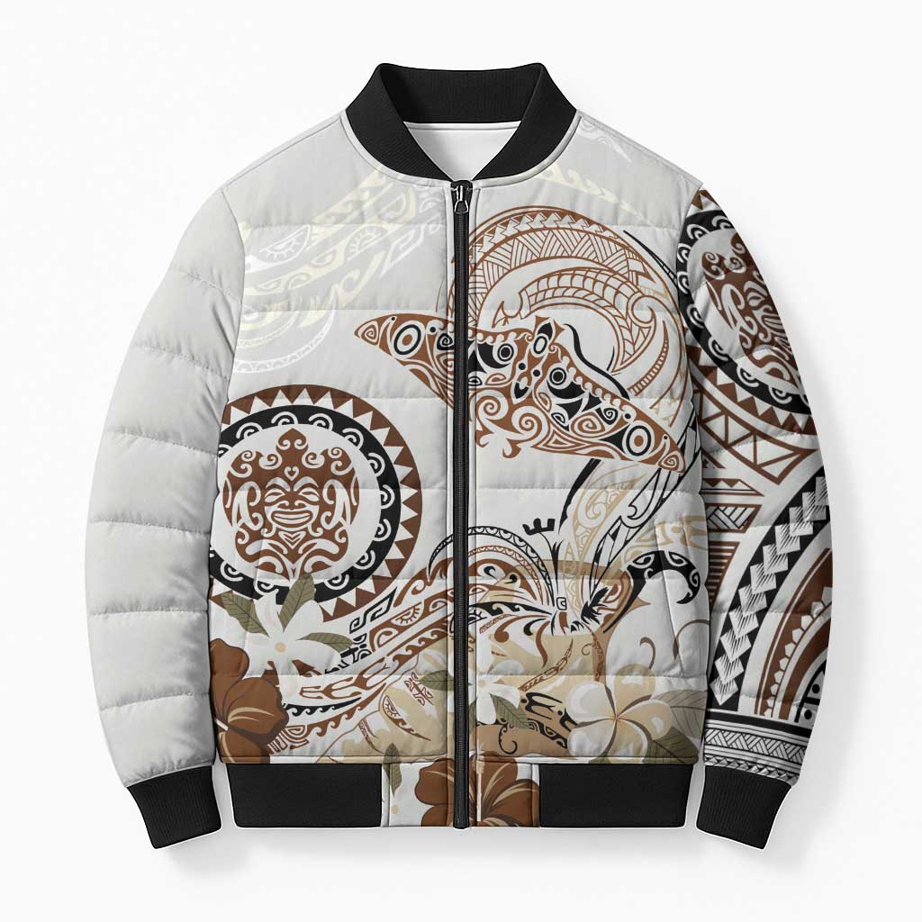 Polynesian Manta Ray Bomber Puffer Jacket Beige Floral Turtle Tattoo LT9 Unisex Beige - Polynesian Pride