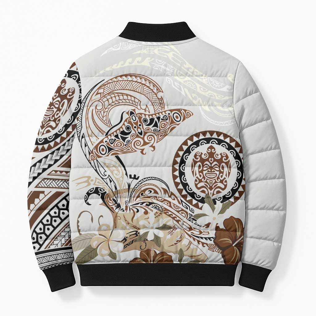 Polynesian Manta Ray Bomber Puffer Jacket Beige Floral Turtle Tattoo LT9 - Polynesian Pride