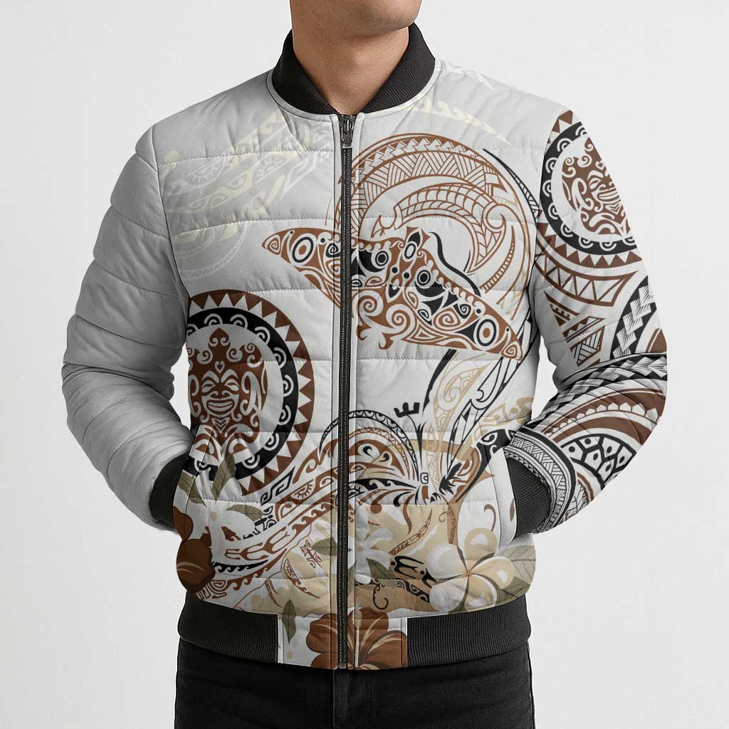 Polynesian Manta Ray Bomber Puffer Jacket Beige Floral Turtle Tattoo LT9 - Polynesian Pride