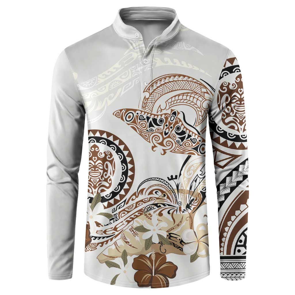 Polynesian Manta Ray Button Sweatshirt Beige Floral Turtle Tattoo LT9 Beige - Polynesian Pride