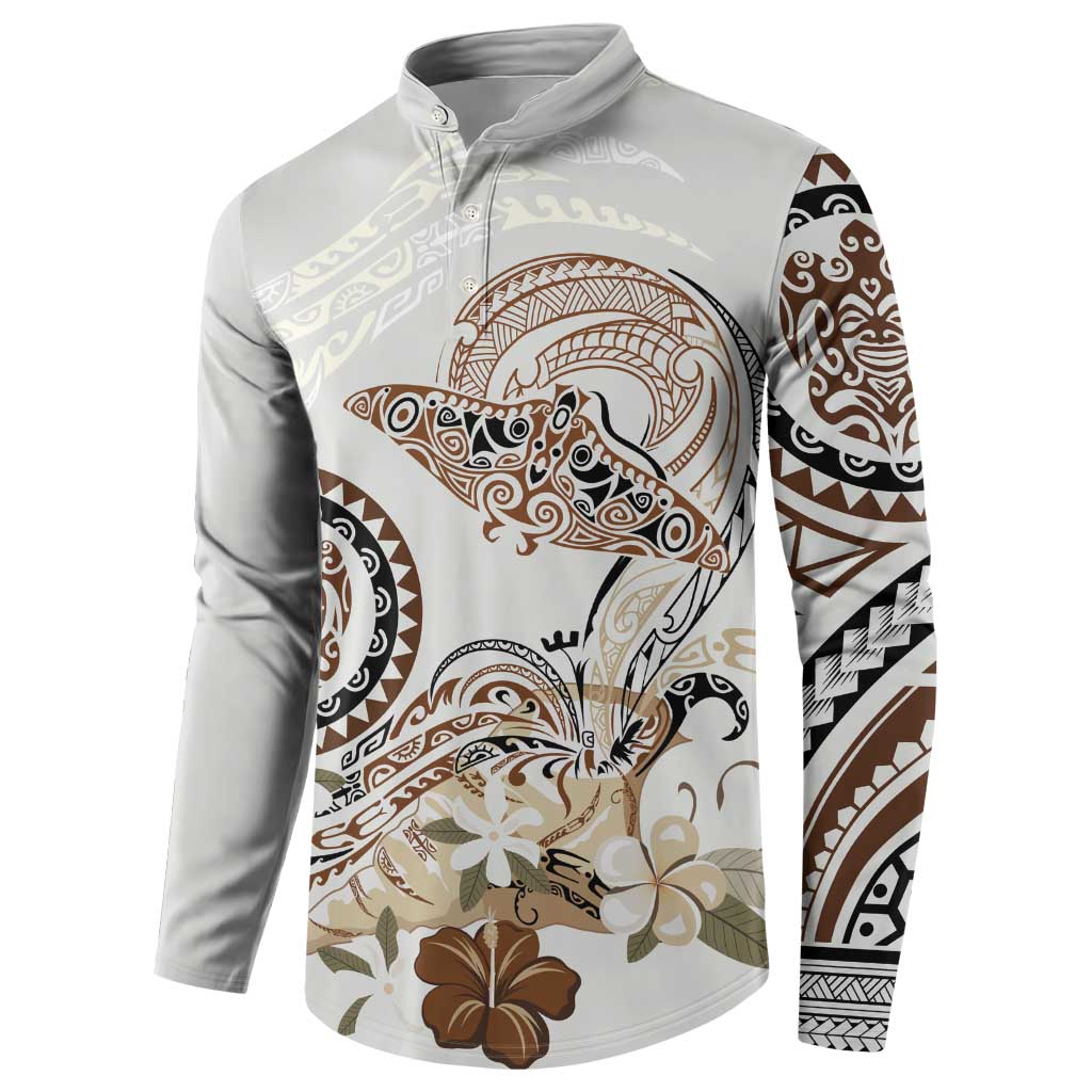 Polynesian Manta Ray Button Sweatshirt Beige Floral Turtle Tattoo LT9 - Polynesian Pride