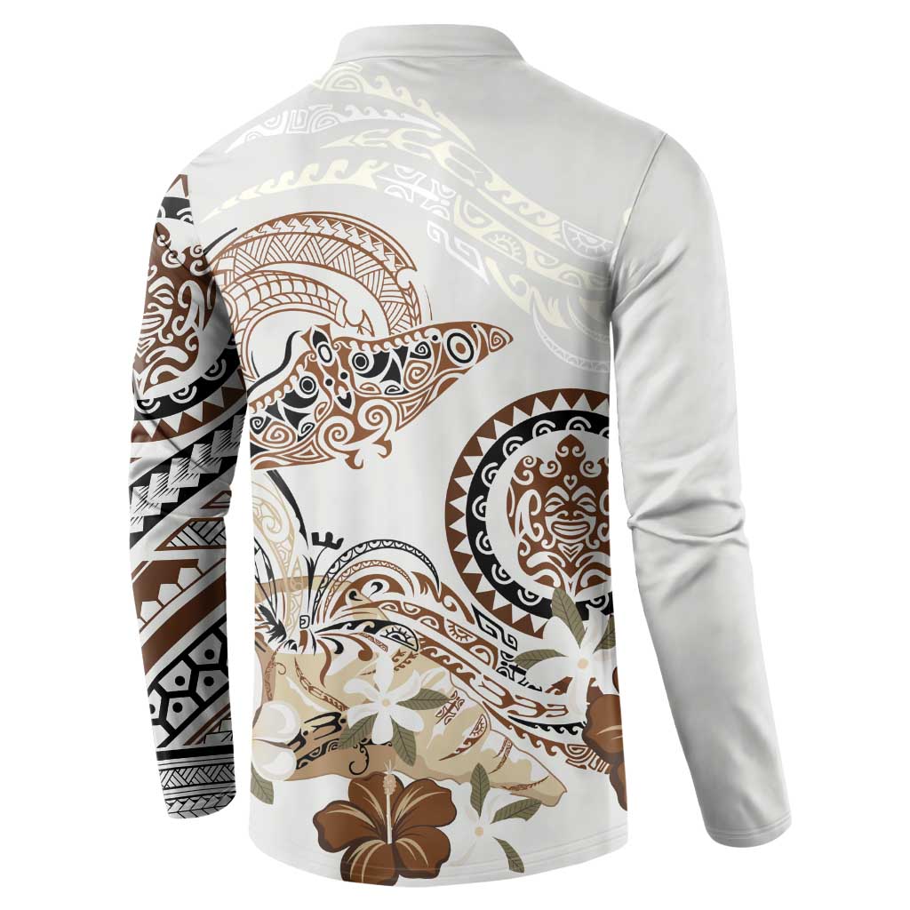 Polynesian Manta Ray Button Sweatshirt Beige Floral Turtle Tattoo LT9 - Polynesian Pride