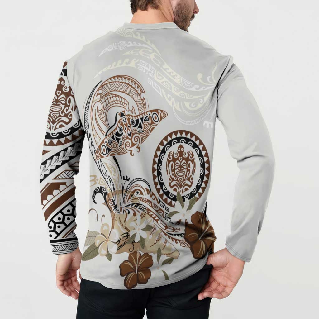Polynesian Manta Ray Button Sweatshirt Beige Floral Turtle Tattoo LT9 - Polynesian Pride