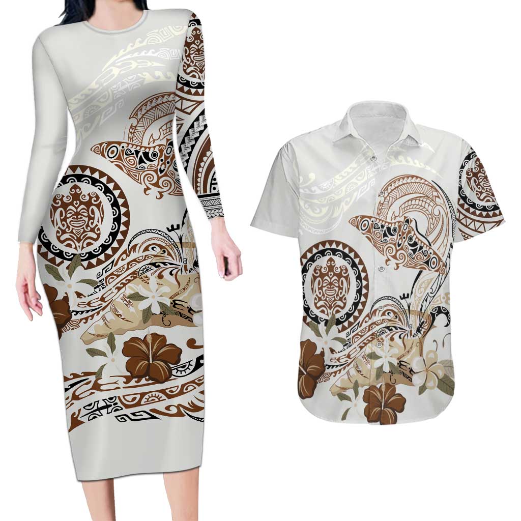 Polynesian Manta Ray Couples Matching Long Sleeve Bodycon Dress and Hawaiian Shirt Beige Floral Turtle Tattoo - Polynesian Pride