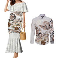 Polynesian Manta Ray Couples Matching Mermaid Dress and Long Sleeve Button Shirt Beige Floral Turtle Tattoo LT9 Beige - Polynesian Pride