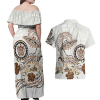 Polynesian Manta Ray Couples Matching Off Shoulder Maxi Dress and Hawaiian Shirt Beige Floral Turtle Tattoo - Polynesian Pride