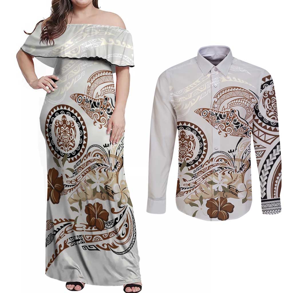 Polynesian Manta Ray Couples Matching Off Shoulder Maxi Dress and Long Sleeve Button Shirt Beige Floral Turtle Tattoo LT9 Beige - Polynesian Pride
