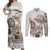 Polynesian Manta Ray Couples Matching Off Shoulder Maxi Dress and Long Sleeve Button Shirt Beige Floral Turtle Tattoo - Polynesian Pride