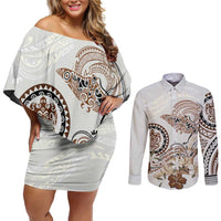 Polynesian Manta Ray Couples Matching Off Shoulder Short Dress and Long Sleeve Button Shirt Beige Floral Turtle Tattoo LT9 Beige - Polynesian Pride