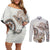 Polynesian Manta Ray Couples Matching Off Shoulder Short Dress and Long Sleeve Button Shirt Beige Floral Turtle Tattoo - Polynesian Pride