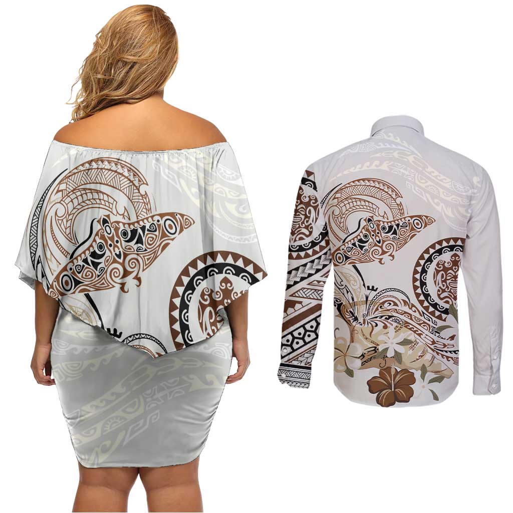 Polynesian Manta Ray Couples Matching Off Shoulder Short Dress and Long Sleeve Button Shirt Beige Floral Turtle Tattoo LT9 - Polynesian Pride