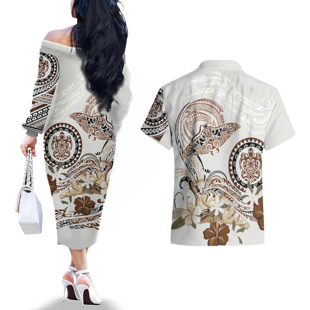 Polynesian Manta Ray Couples Matching Off The Shoulder Long Sleeve Dress and Hawaiian Shirt Beige Floral Turtle Tattoo - Polynesian Pride