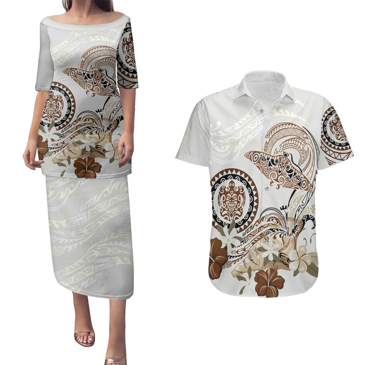 Polynesian Manta Ray Couples Matching Puletasi and Hawaiian Shirt Beige Floral Turtle Tattoo LT9 Beige - Polynesian Pride