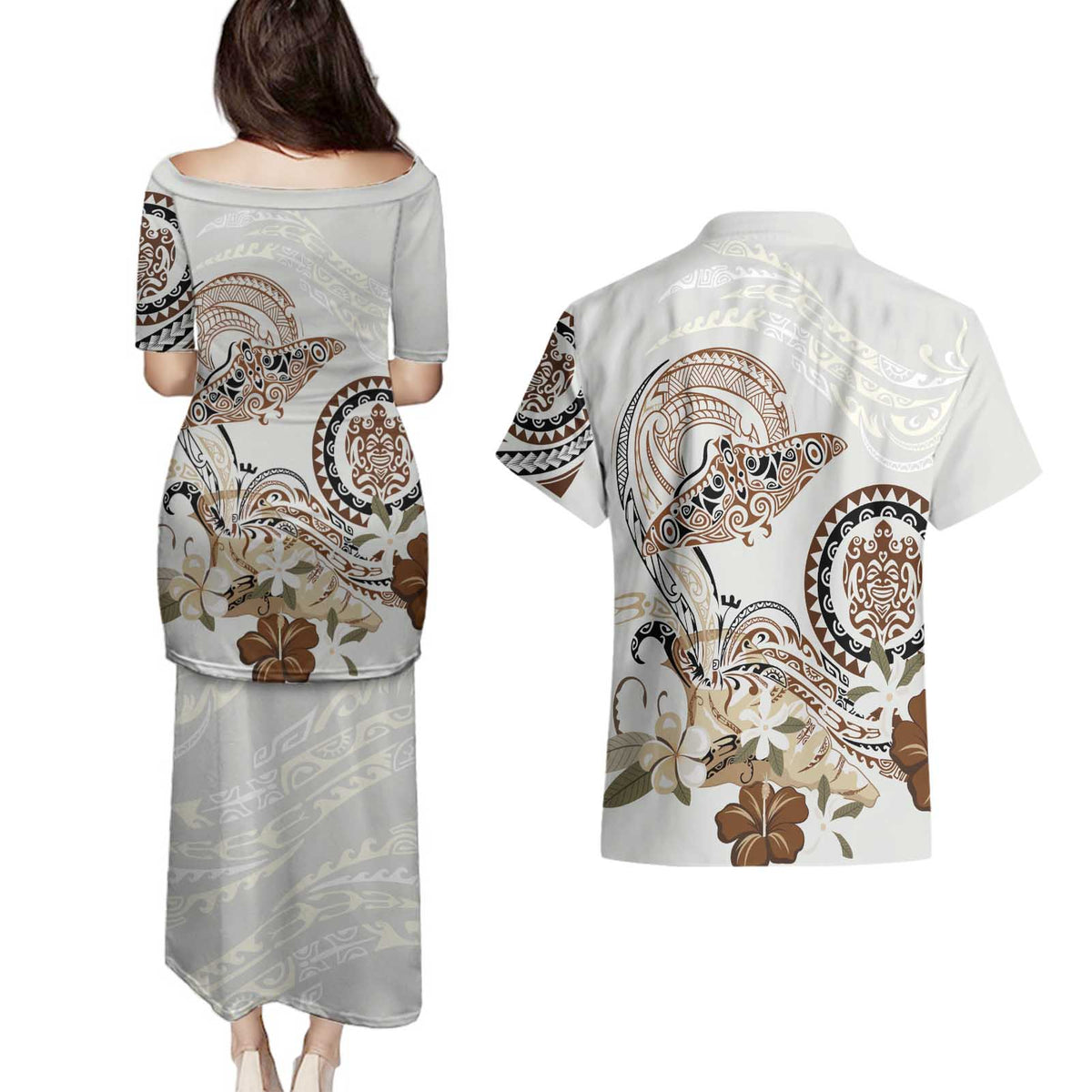 Polynesian Manta Ray Couples Matching Puletasi and Hawaiian Shirt Beige Floral Turtle Tattoo LT9 - Polynesian Pride