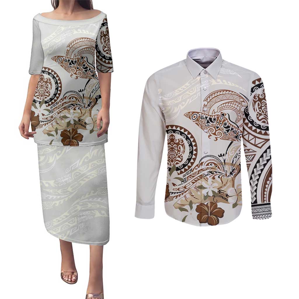Polynesian Manta Ray Couples Matching Puletasi and Long Sleeve Button Shirt Beige Floral Turtle Tattoo LT9 Beige - Polynesian Pride