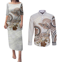 Polynesian Manta Ray Couples Matching Puletasi and Long Sleeve Button Shirt Beige Floral Turtle Tattoo LT9 Beige - Polynesian Pride