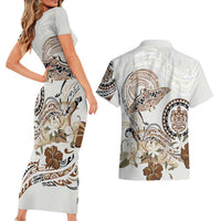 Polynesian Manta Ray Couples Matching Short Sleeve Bodycon Dress and Hawaiian Shirt Beige Floral Turtle Tattoo - Polynesian Pride