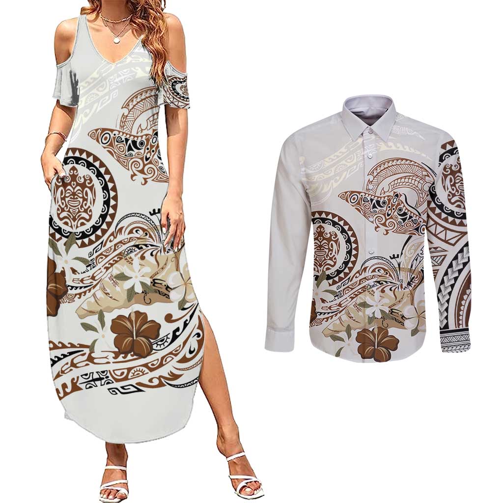 Polynesian Manta Ray Couples Matching Summer Maxi Dress and Long Sleeve Button Shirt Beige Floral Turtle Tattoo LT9 Beige - Polynesian Pride