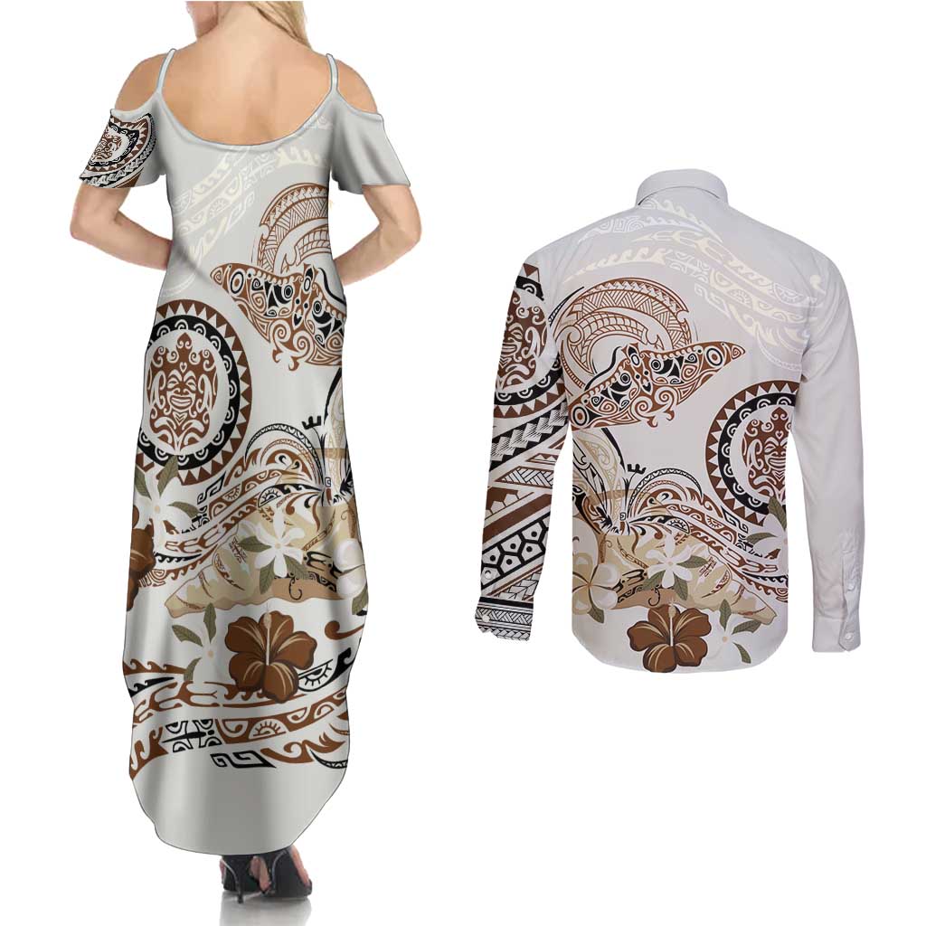 Polynesian Manta Ray Couples Matching Summer Maxi Dress and Long Sleeve Button Shirt Beige Floral Turtle Tattoo LT9 - Polynesian Pride