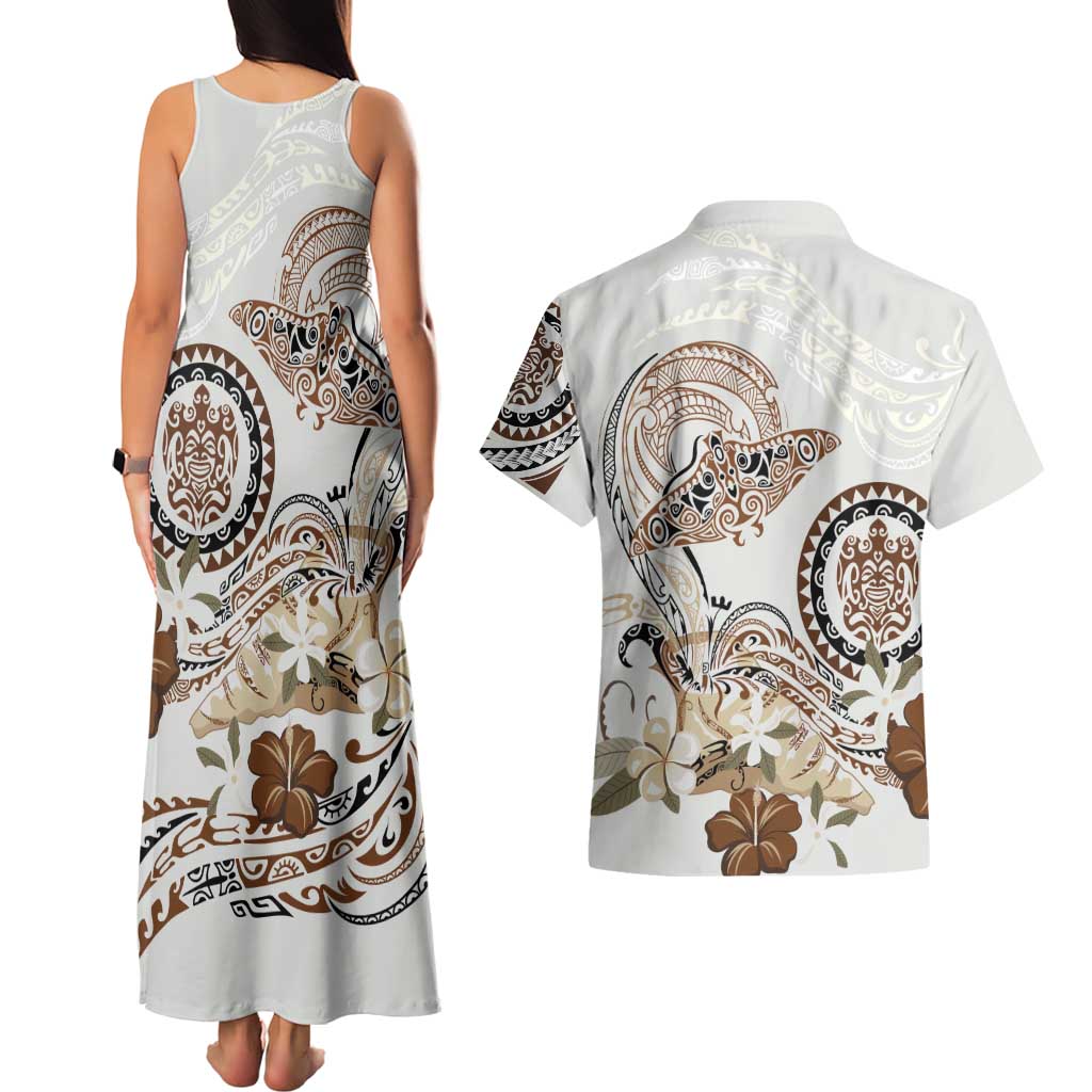 Polynesian Manta Ray Couples Matching Tank Maxi Dress and Hawaiian Shirt Beige Floral Turtle Tattoo - Polynesian Pride
