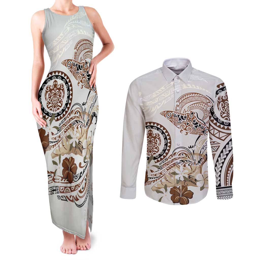 Polynesian Manta Ray Couples Matching Tank Maxi Dress and Long Sleeve Button Shirt Beige Floral Turtle Tattoo LT9 Beige - Polynesian Pride