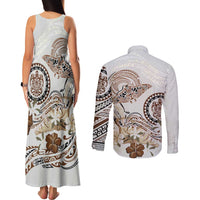 Polynesian Manta Ray Couples Matching Tank Maxi Dress and Long Sleeve Button Shirt Beige Floral Turtle Tattoo LT9 - Polynesian Pride