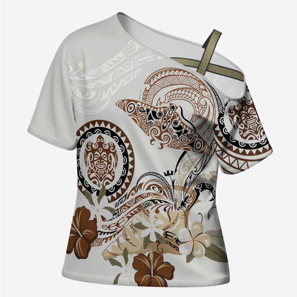 Polynesian Manta Ray Cross Shoulder Shirt Beige Floral Turtle Tattoo LT9 Female Beige - Polynesian Pride