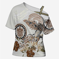 Polynesian Manta Ray Cross Shoulder Shirt Beige Floral Turtle Tattoo LT9 Female Beige - Polynesian Pride